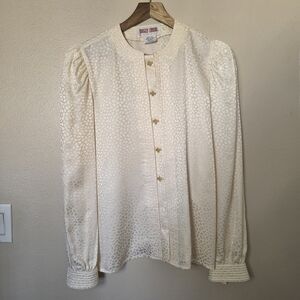 Vintage 100% Silk Maggy London Ivory Textured Long-Sleeve Blouse Womens Size 6